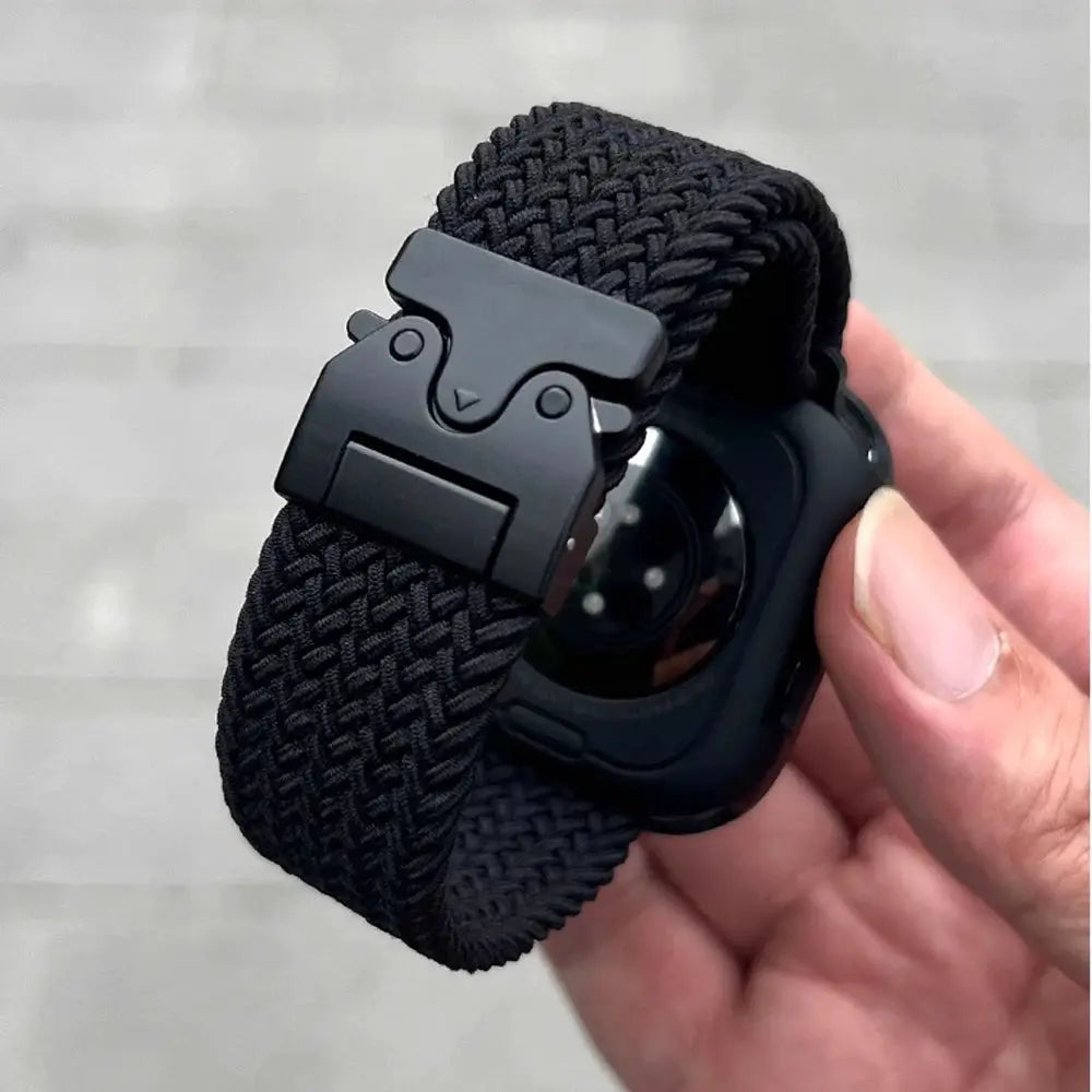 Parachute braided Apple Watch band by Simples Market, black nylon strap with metal clasp