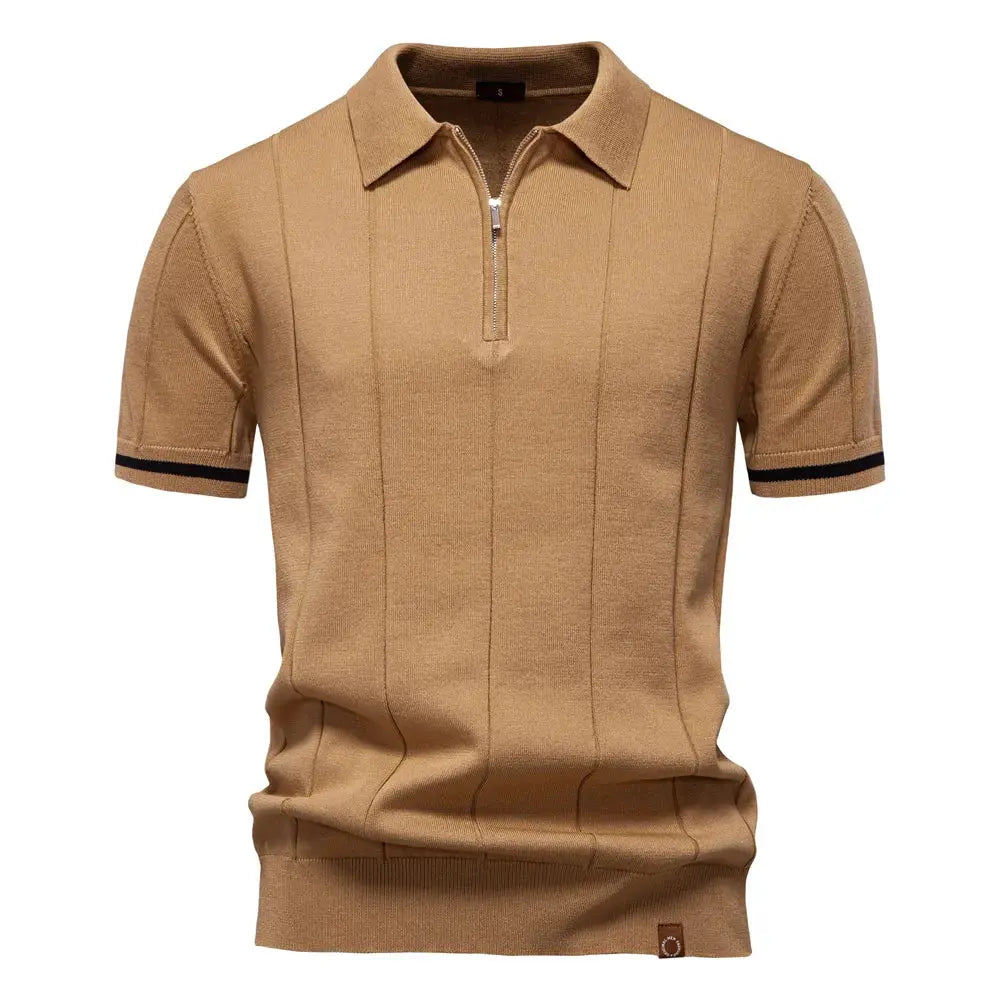 AIOPESON men's tan solid color zip polo shirt with short sleeves and black stripe cuffs, slim fit