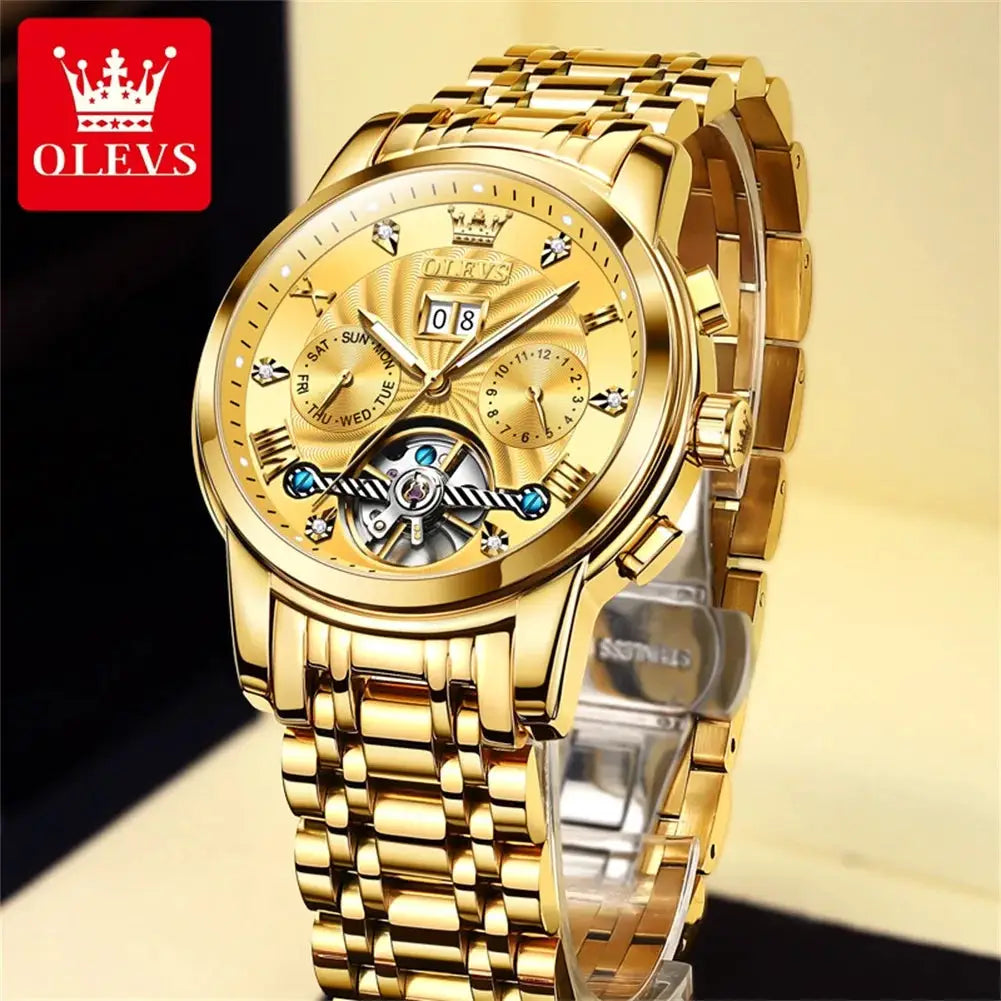 OLEVS 9910 Mens Watch Waterproof Luminous Automatic Mechanical Dual Calendar Date Stainless Steel Band
