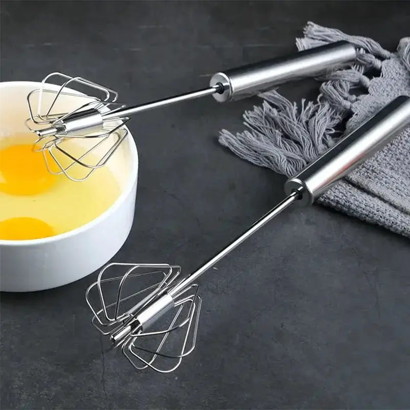 ChefPro Semi Automatic Rotary Whisk With Beech Wood Handle Stainless Steel Head For Effortless Mixing