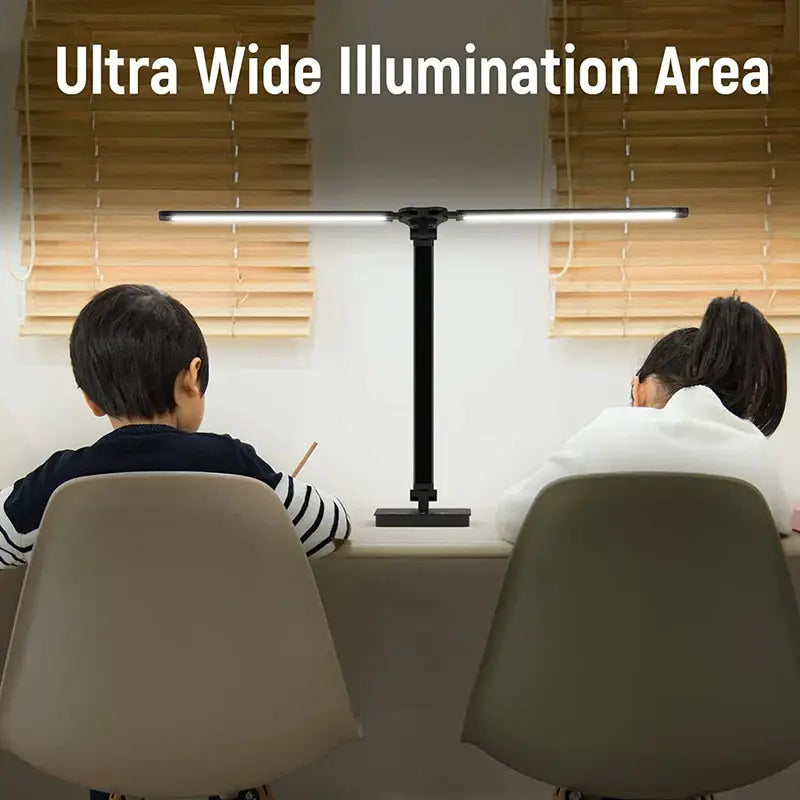 Double Head LED Desk Lamp with dual swing-arm, black finish, ideal for home office.
