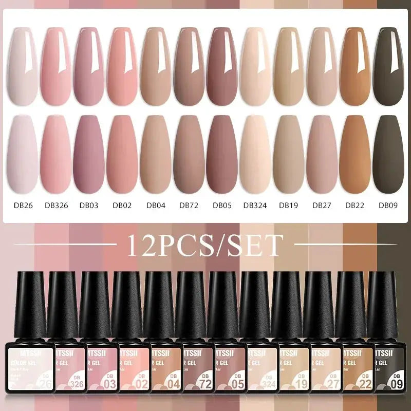MTSSII 12pc gel nail polish set by Simples Market in nude to pink shades for UV soak-off manicure