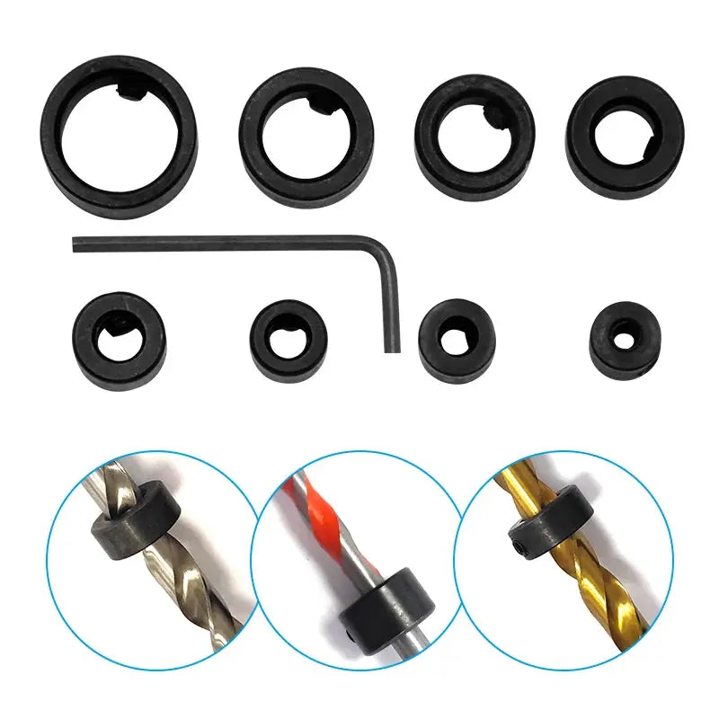 8 Piece Silver Drill Bit Limit Ring Set For Woodworking With Mini Wrench Positioning Ring And Drill Bit Adjustment Tool