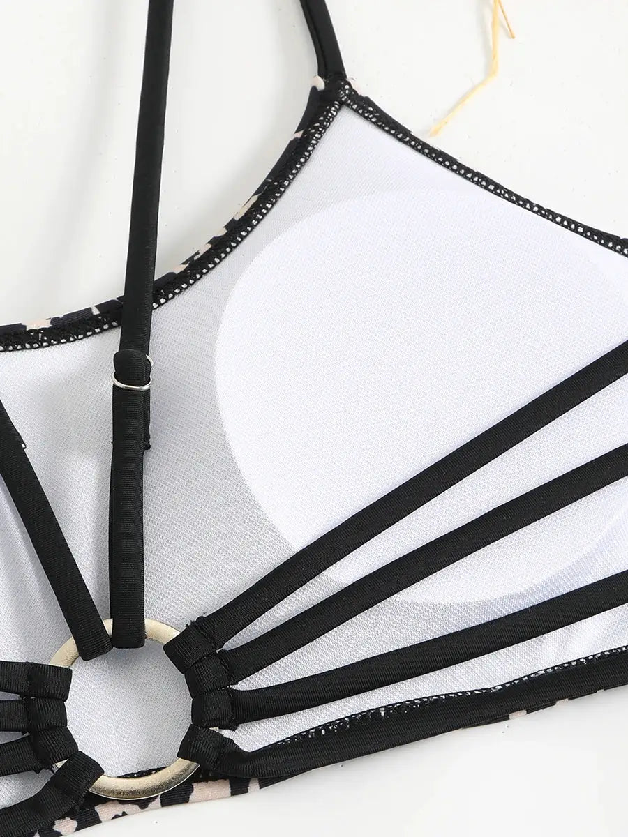 Strappy leopard-trim bikini top with white padded cups, black straps and gold ring detail