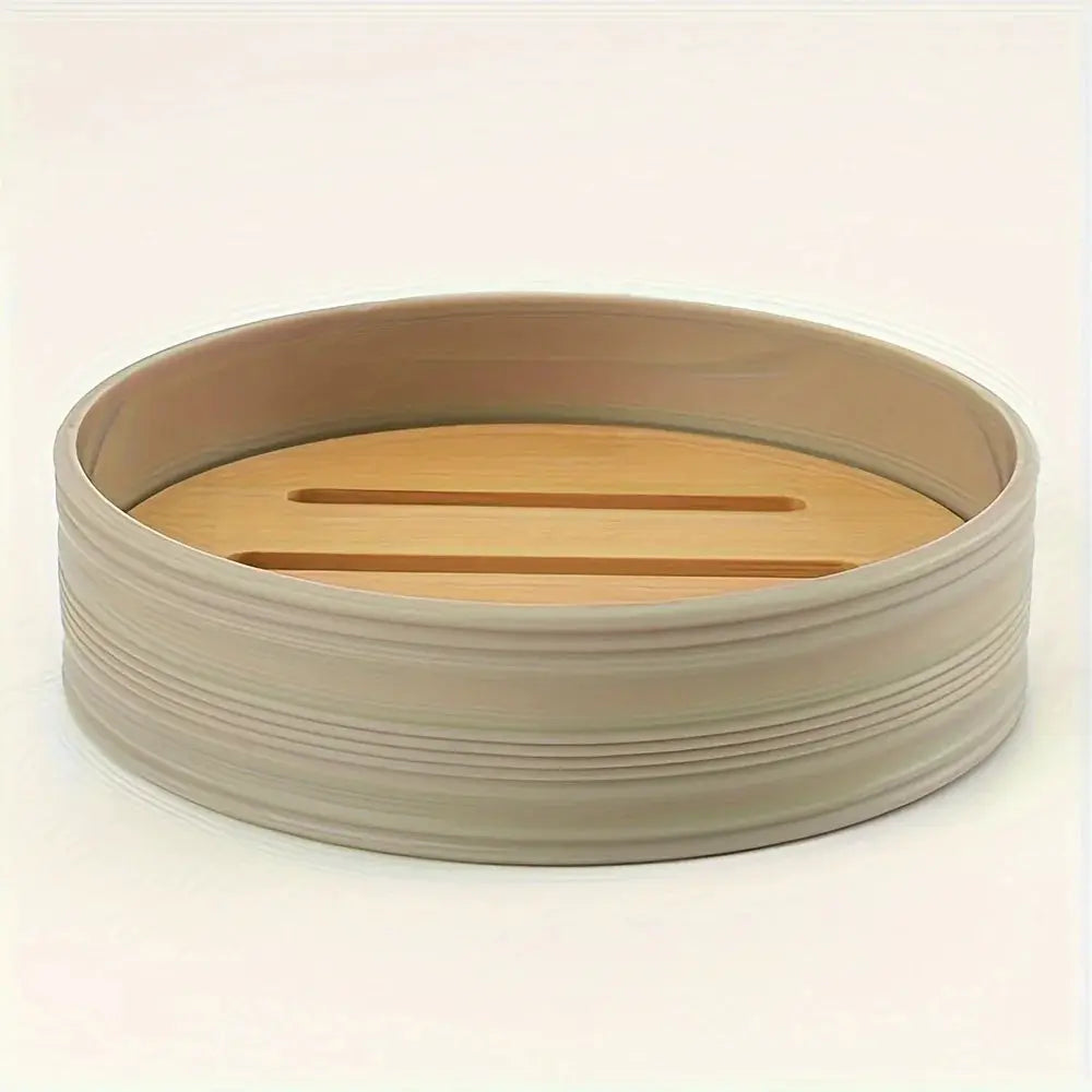 6-piece bathroom accessories set; round white countertop organizer with wooden slatted insert
