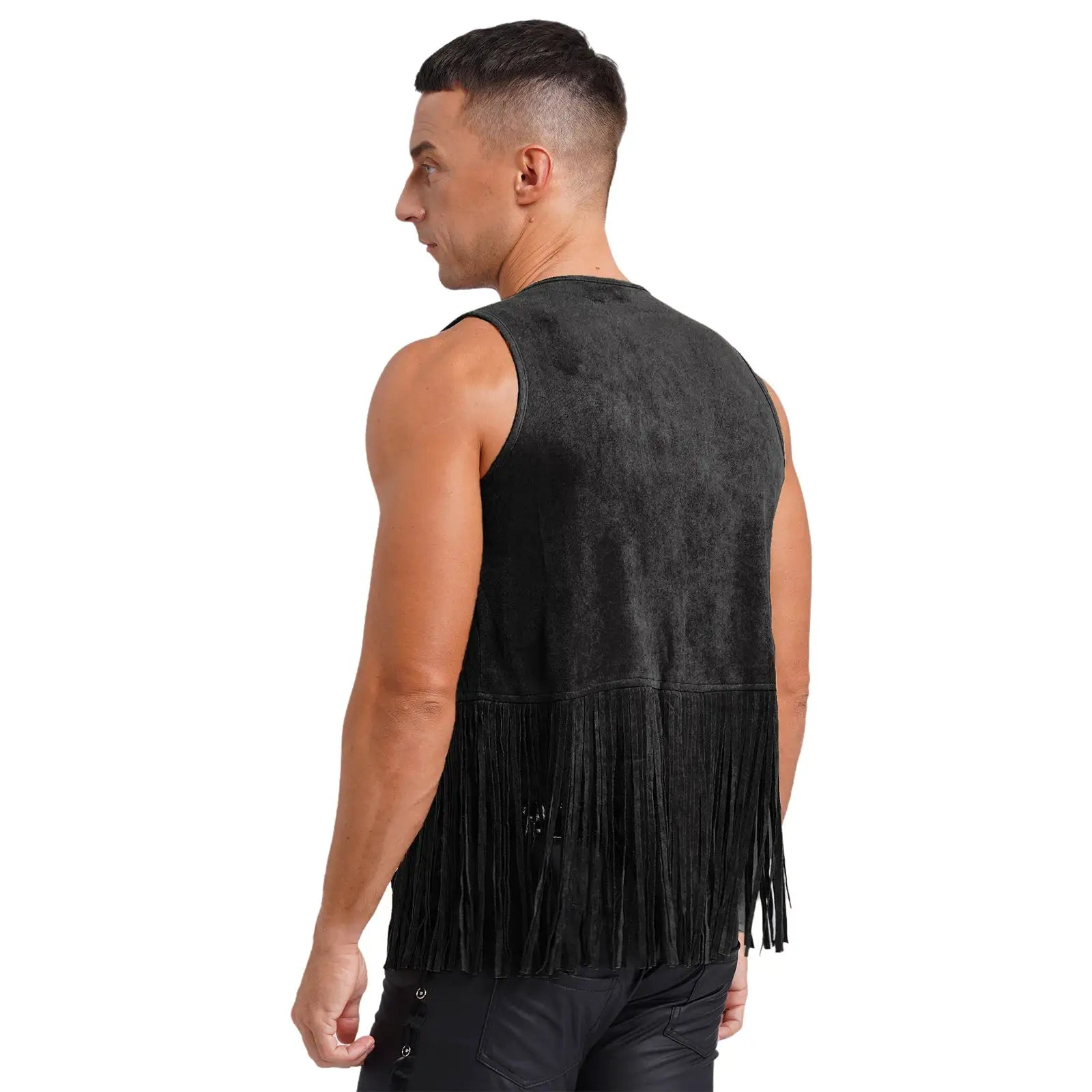 Mens faux suede tassel vest by Simples Market, black fringe open-front sleeveless waistcoat with long fringe hem.