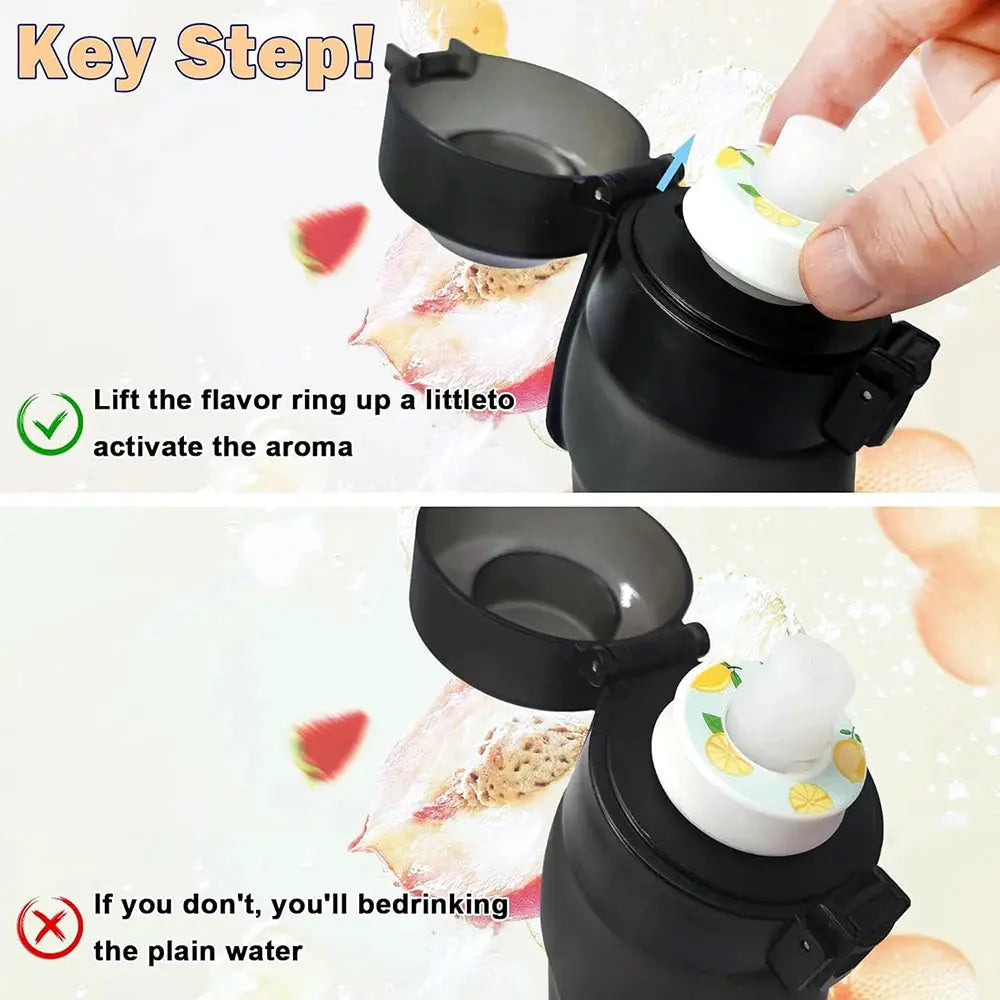 Air flavor pod for water bottle by Simples Market, black bottle with white lemon-pattern flavor cap.
