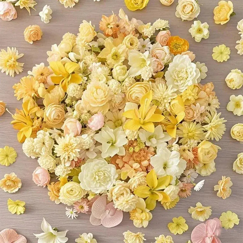Artificial flower heads set, 20/50 pcs, in yellow, cream and pastel colors for crafts, weddings and decor