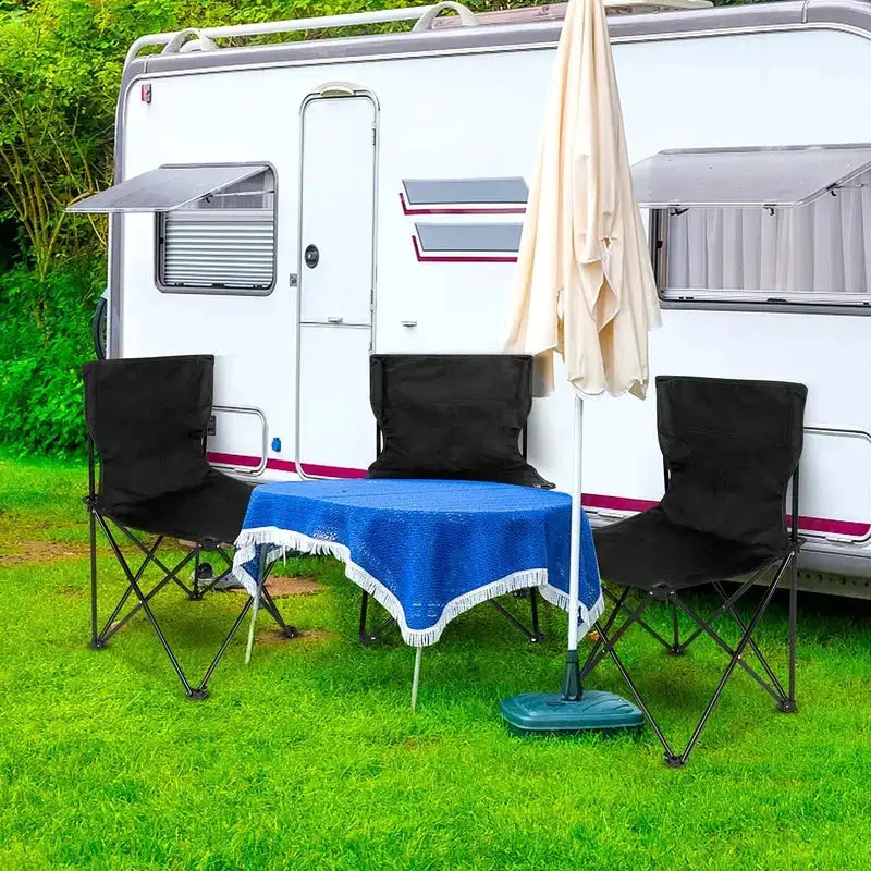 Portable folding camping chairs set of 3 in black with Oxford cloth seats and side pockets.
