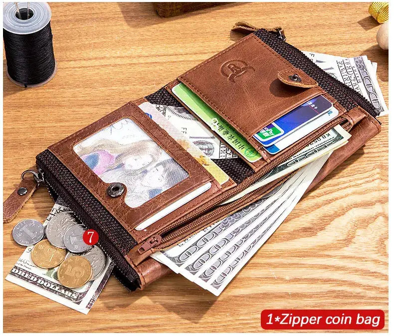 BULLCAPTAIN brown leather RFID wallet with zipper coin bag and card slots