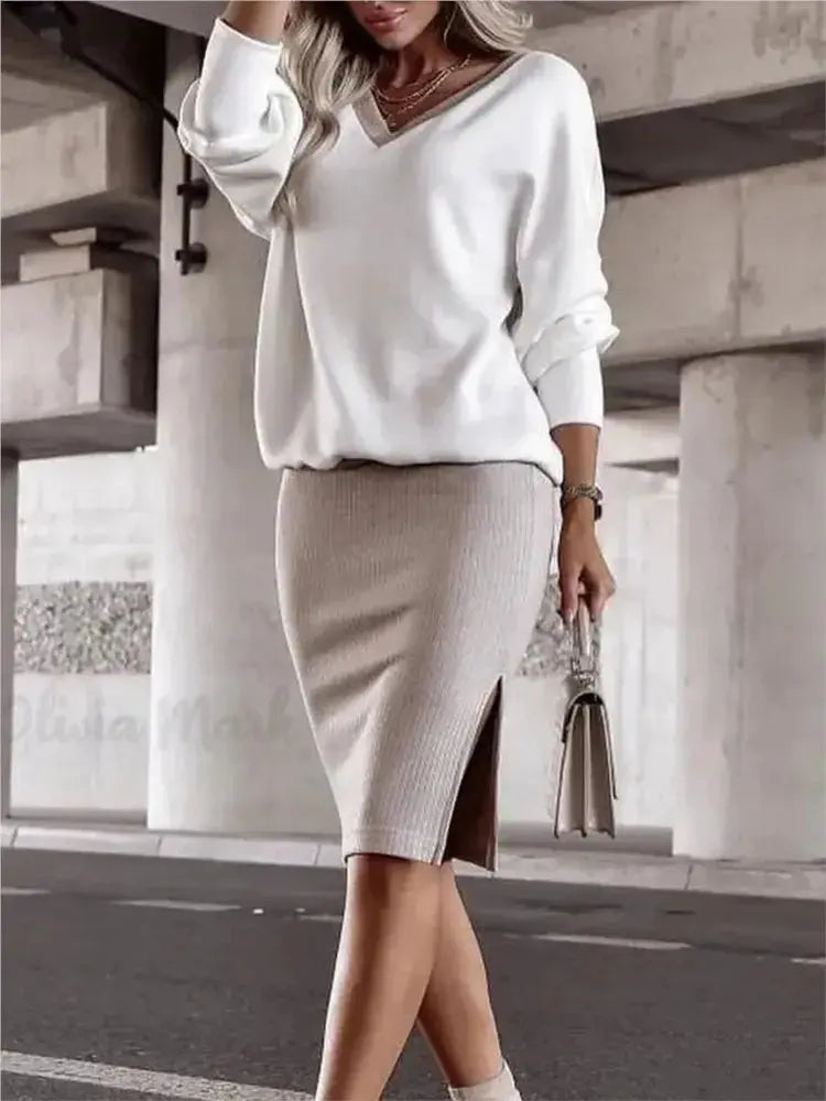 Autumn Winter Two Piece Set Loose V Neck Sweatshirt And Tight Skirt