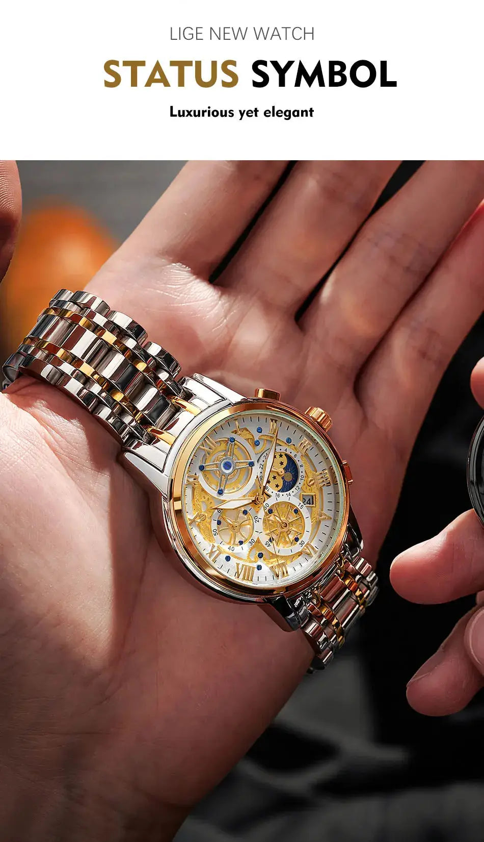 LIGE men's skeleton chronograph watch with gold bezel on a two-tone stainless steel bracelet