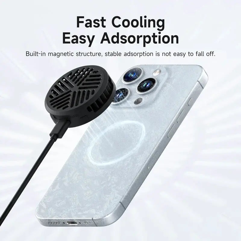 Hagibis magnetic phone cooler; black circular cooling fan with USB-C cable for iPhone 17 Pro