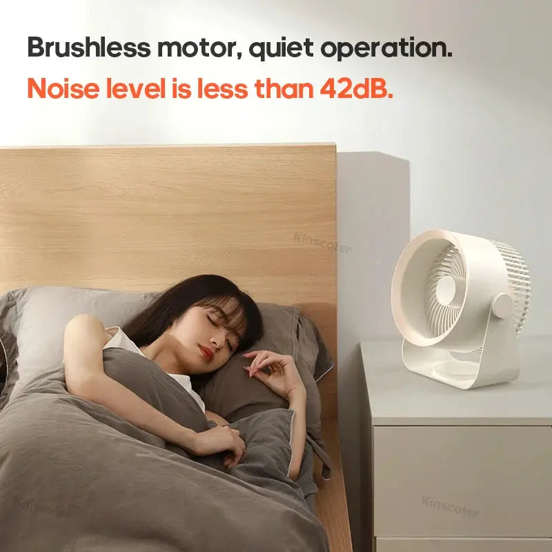 Kinscoter desk fan on white nightstand beside bed; compact, portable, quiet operation.