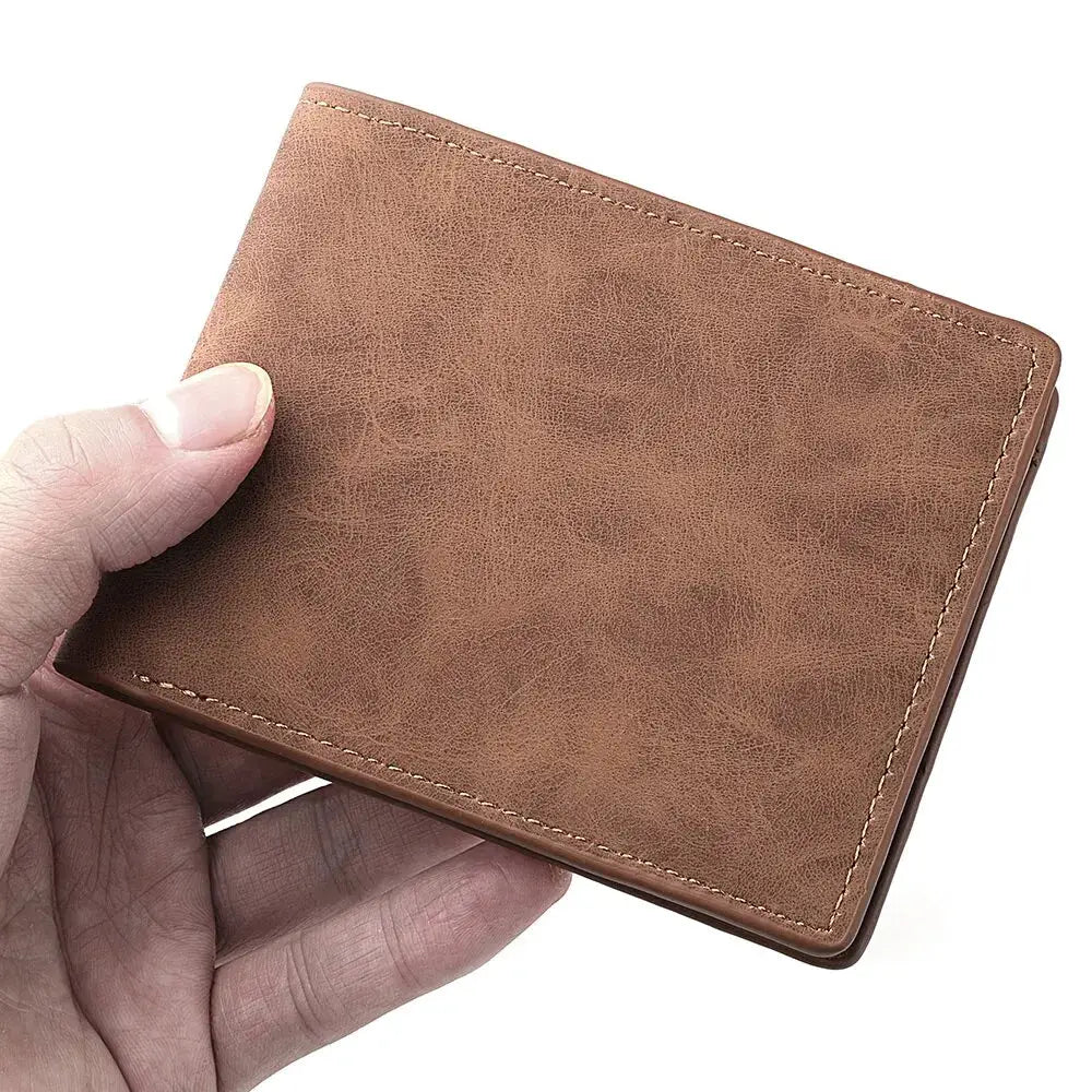 Brown leather men's wallet with neat stitching, compact bi-fold design, lightweight