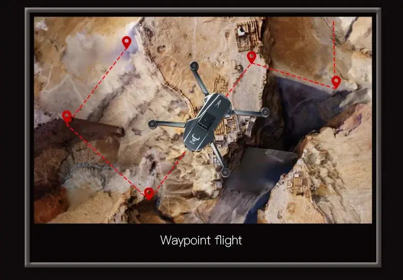 Lenovo SG901 MAX GPS drone by Simples Market in gray, flying over a canyon with red waypoint markers.