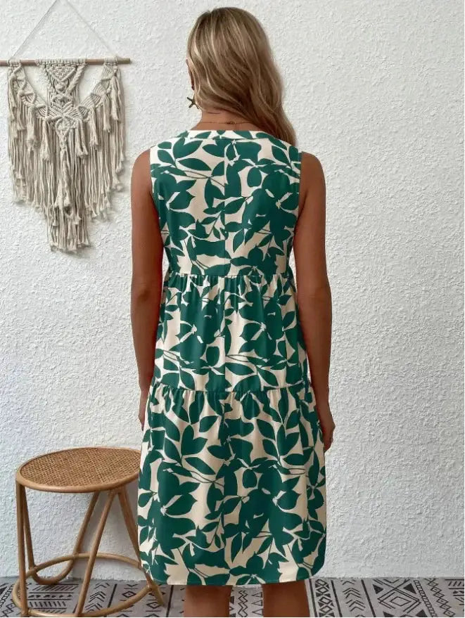 Women Boho Print Mini Dress Sleeveless V Neck Ruffle Beach Sundress