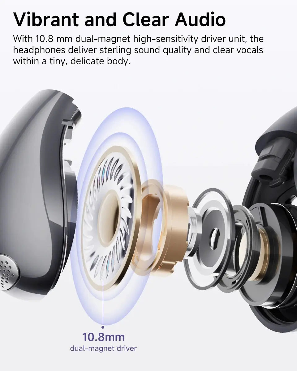 QCY Crossky C30 open-ear wireless earbuds; exploded view of the 10.8mm dual-magnet driver.