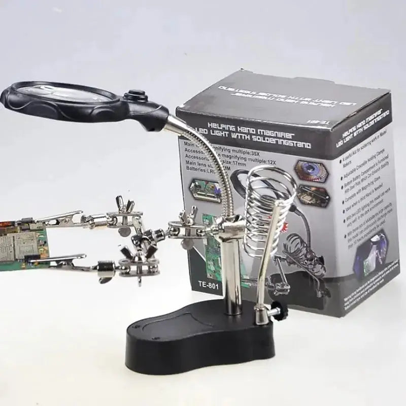 3.5X 12X Helping Hands Third Hand Soldering Iron Welding Stand With 2 LED Clip Magnifiers