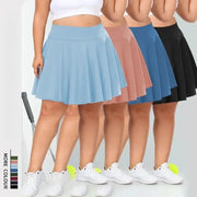 Plus-size high-waist fitness short skirt set in five colors, shown as five skirts with white sneakers.