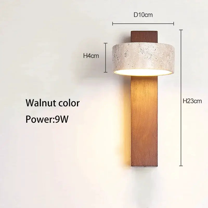 Walnut wood bedside wall lamp with a concrete shade, pull switch, 9W LED