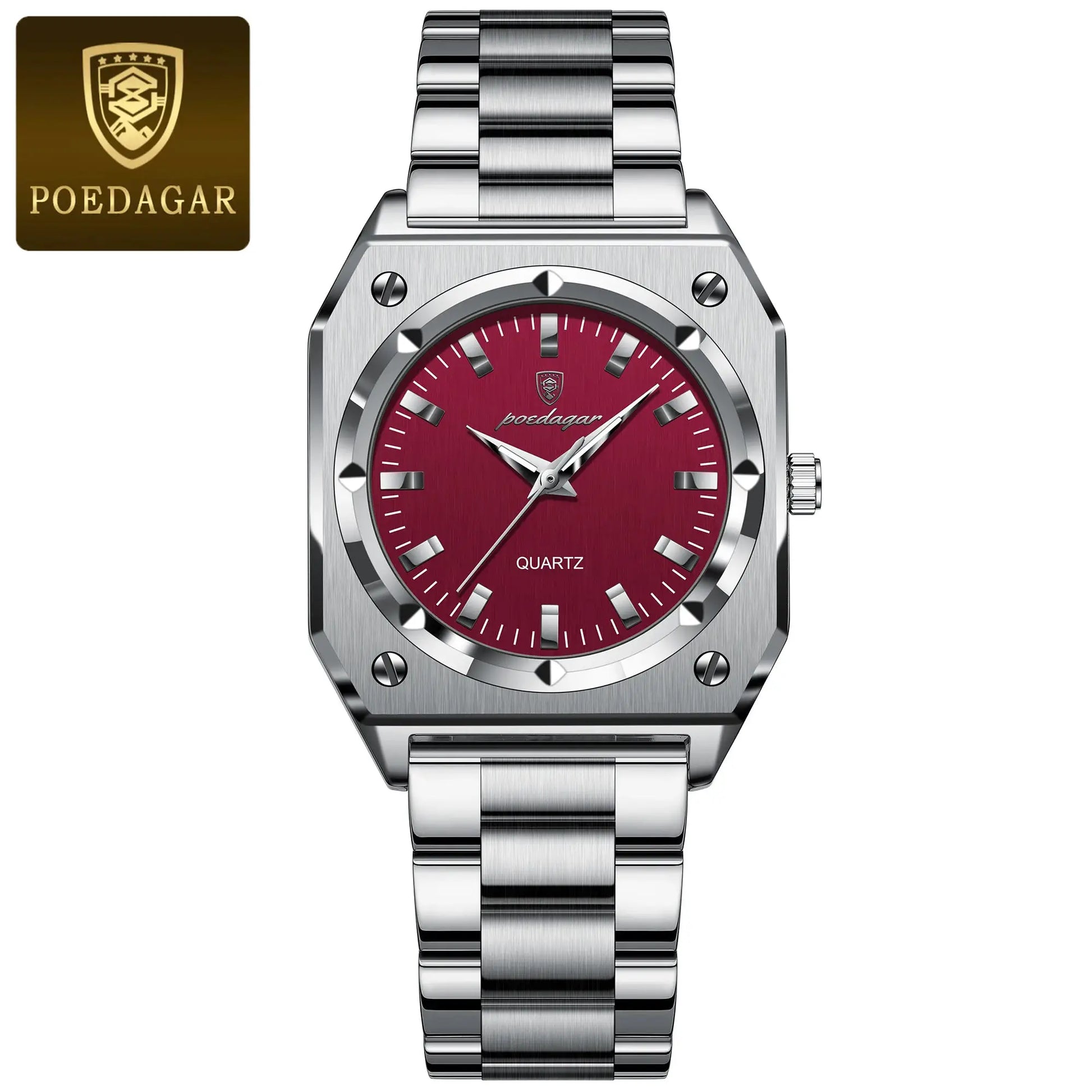 POEDAGAR ladies wristwatch, stainless steel bracelet, red dial, quartz, waterproof.