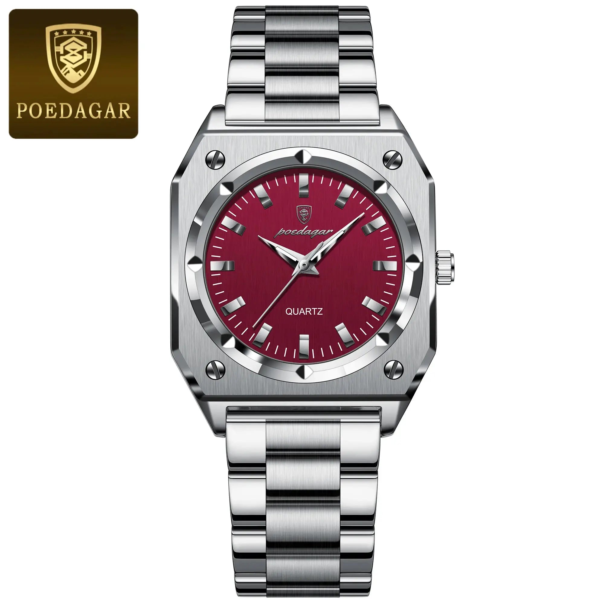 POEDAGAR ladies wristwatch, stainless steel bracelet, red dial, quartz, waterproof.