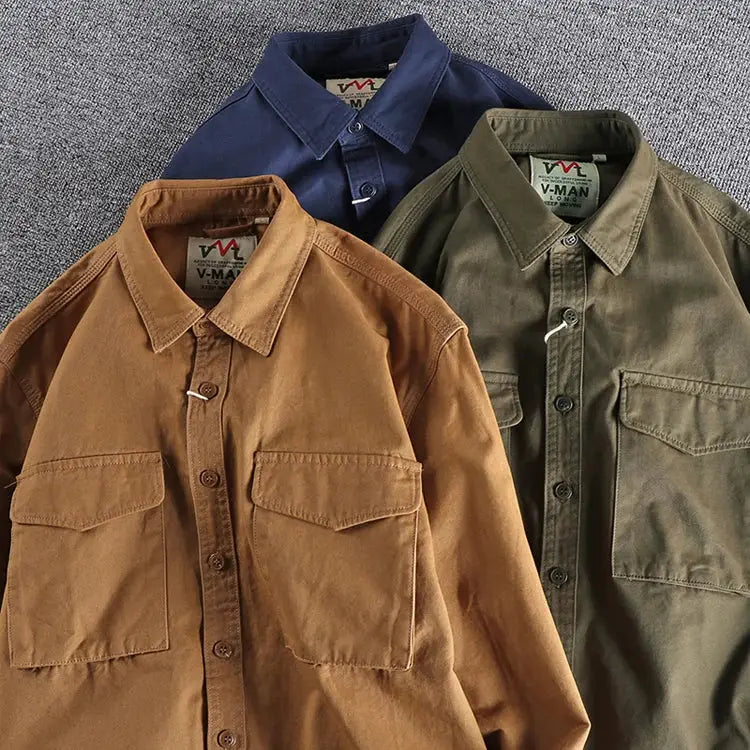 Men's work shirt set of 3 in khaki, navy and olive with two chest pockets from Simples Market