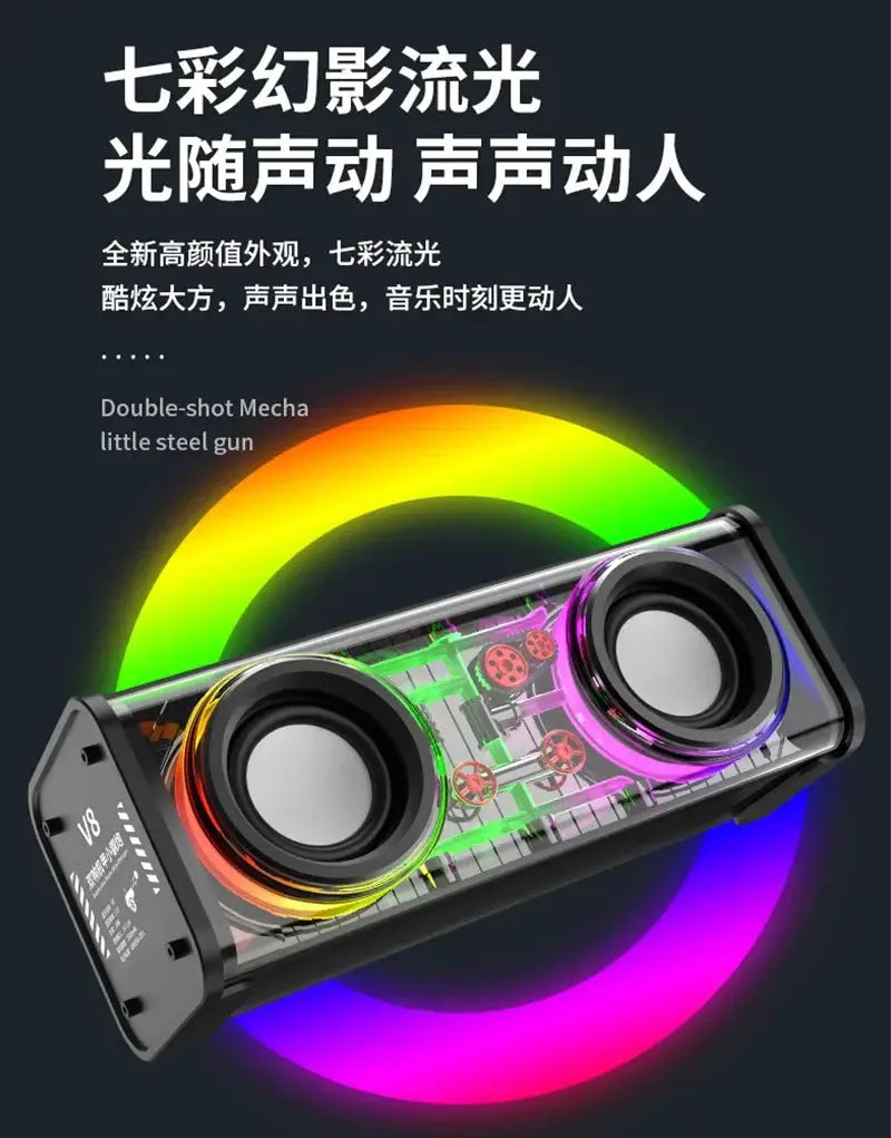 V8 transparent mecha speaker by Simples Market with RGB lighting, dual bass diaphragms and Bluetooth 5.0 mini party speaker