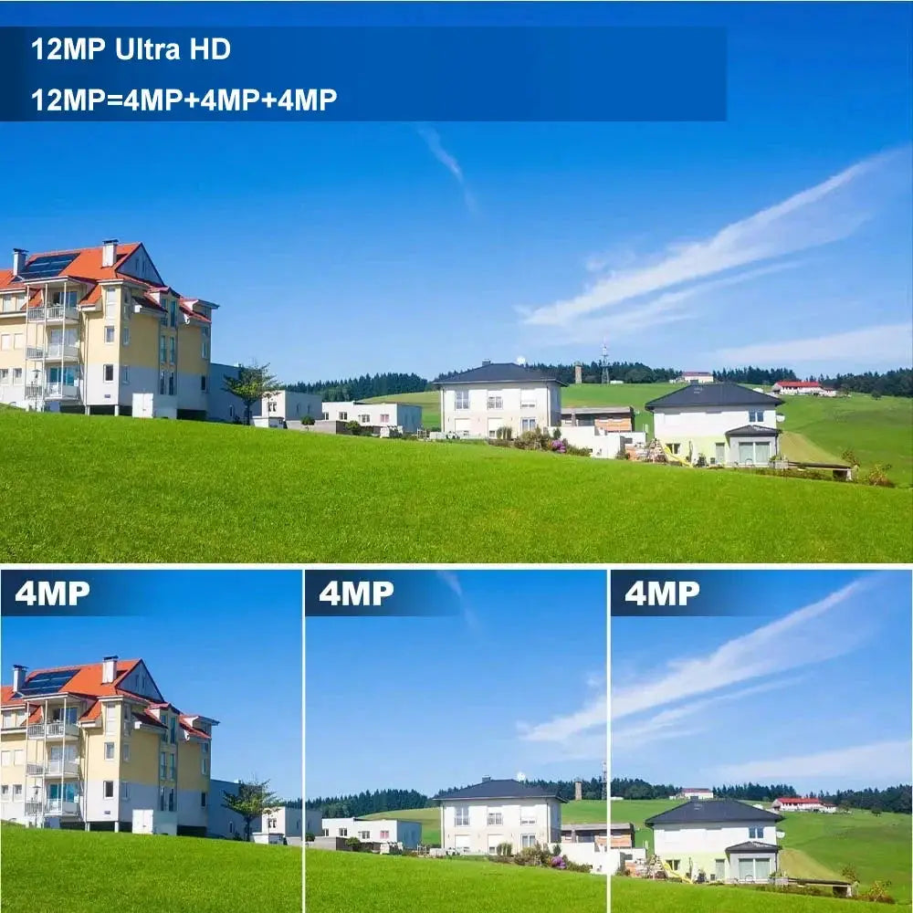 V380 Pro solar WiFi IP camera promo collage; outdoor landscape with green field and houses; three 4MP panels.