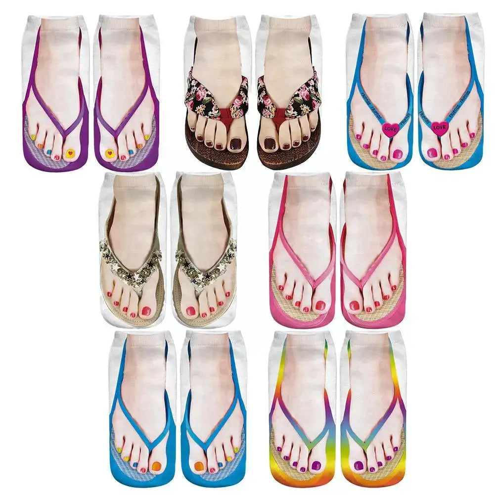 Women 3D Printed Pattern Flip Flop Socks Low Cut Ankle Socks Novelty Hosiery Gift Pair
