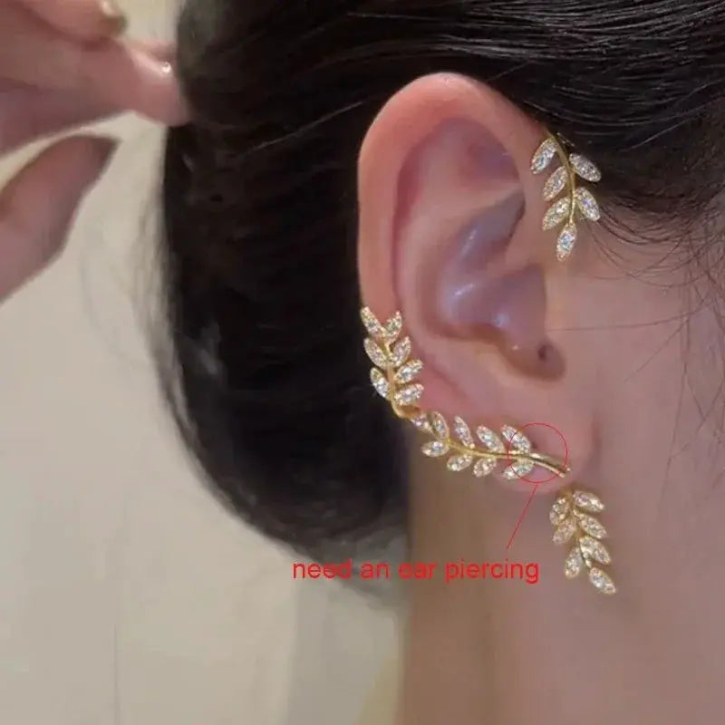 Silver-plated leaf butterfly clip earrings for non-pierced ears with zircon stones