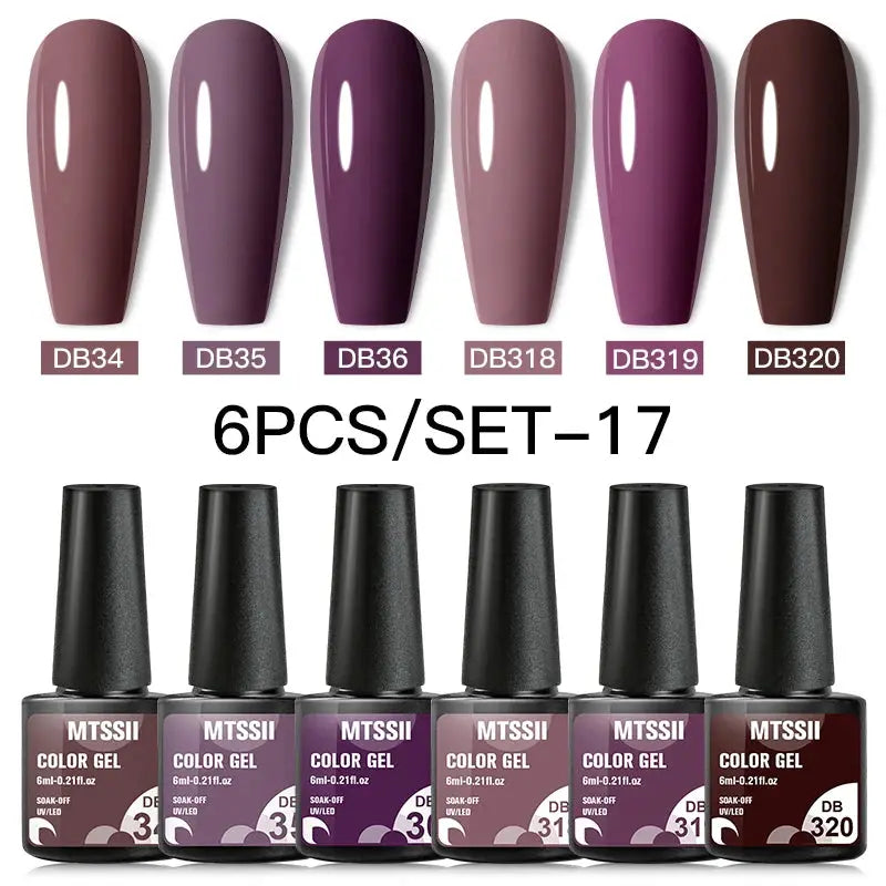 Gel nail polish set, 6-piece, MTSSII color gel bottles in purple-mauve shades