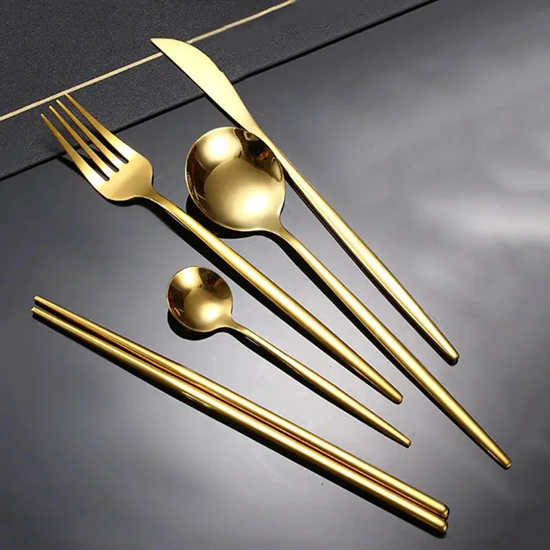 Golden Stainless Steel Portuguese Cutlery Set 6pc or 30pc Upscale Dinner Knife Fork Spoon Teaspoon Chopsticks