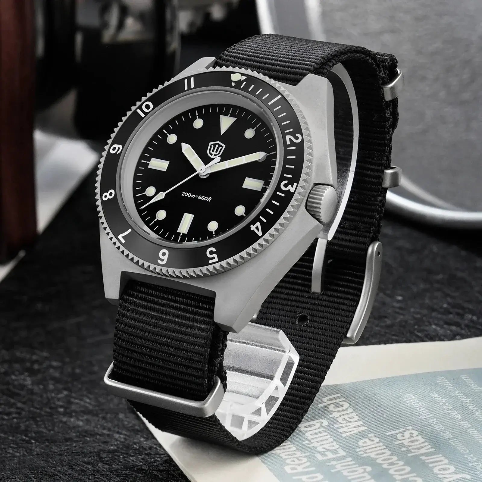 Watchdives WD1972 diver watch with black dial, luminous markers, steel case, black nylon strap, 20Bar water resistant