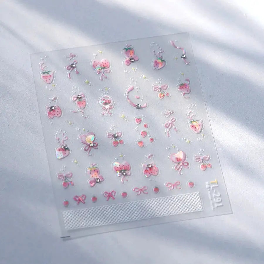 Nail art sticker sheet, pink translucent 5D jelly-textured self-adhesive with cute fruit and bow designs, 3D decals