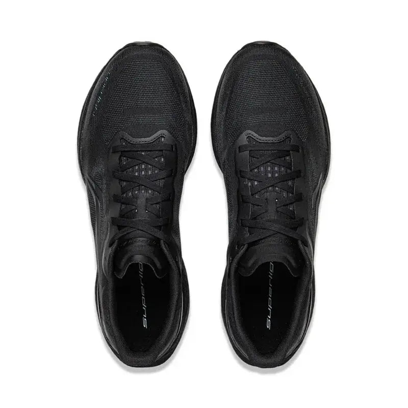 Li-Ning men's running shoes, black breathable mesh pair seen top-down with laces
