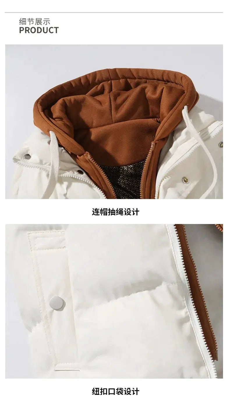 Korean fashion hooded vest for men by Simples Market, white outer with brown hood lining, zip closure
