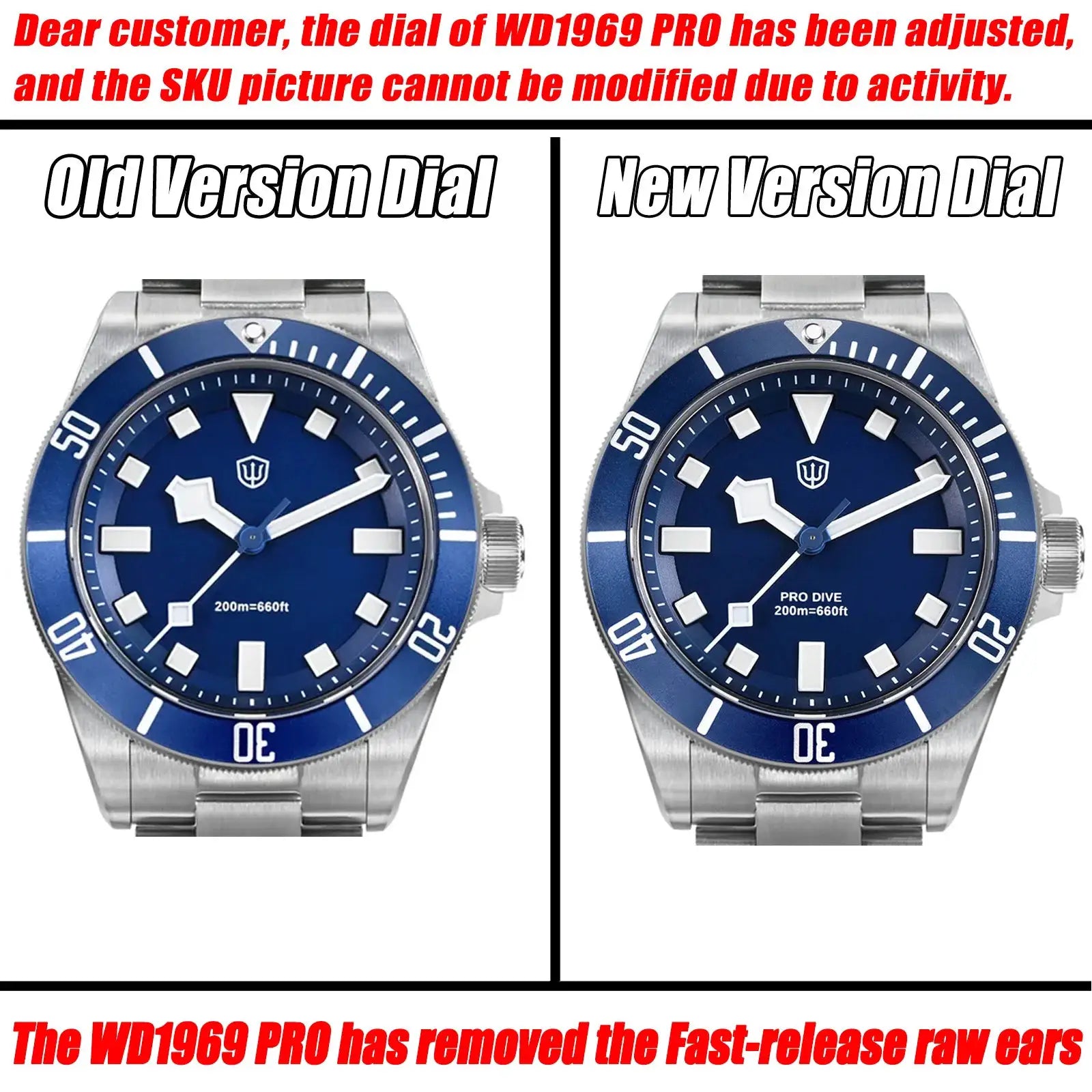 Watchdives WD1969 Pro 38mm blue dial diver watch two shown, stainless steel bracelet BGW9 lume sapphire glass 20 Bar