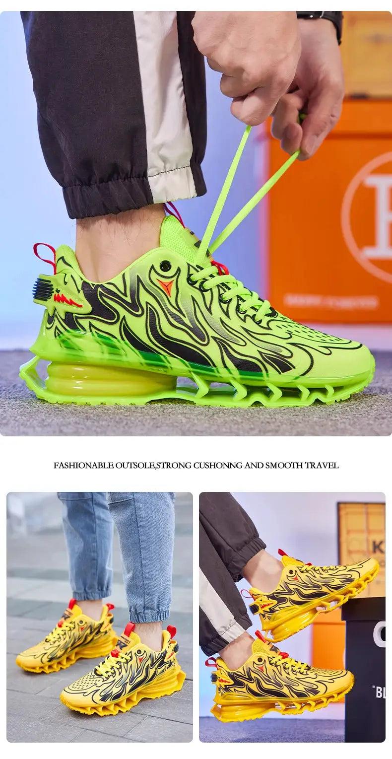 Neon green men’s sneakers with a black flame pattern and chunky air-cushioned sole