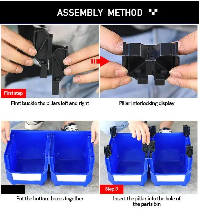 LEADLOONG blue stackable parts bins with black interlocking pillars; 2-bin plastic garage tool storage boxes