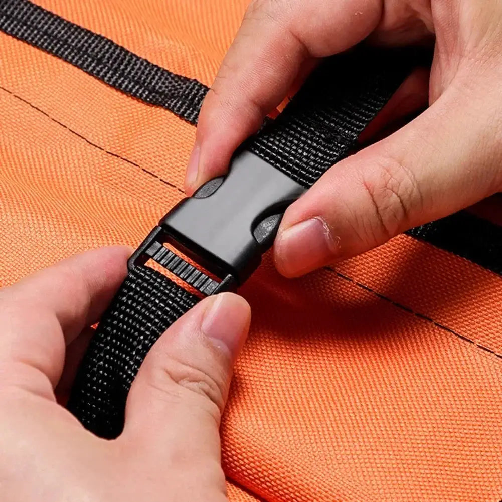 Folding ladder tool storage bag in orange Oxford cloth with a black adjustable strap buckle