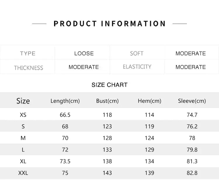 Men's down jacket size chart showing XS–XXL with length, bust, hem and sleeve measurements