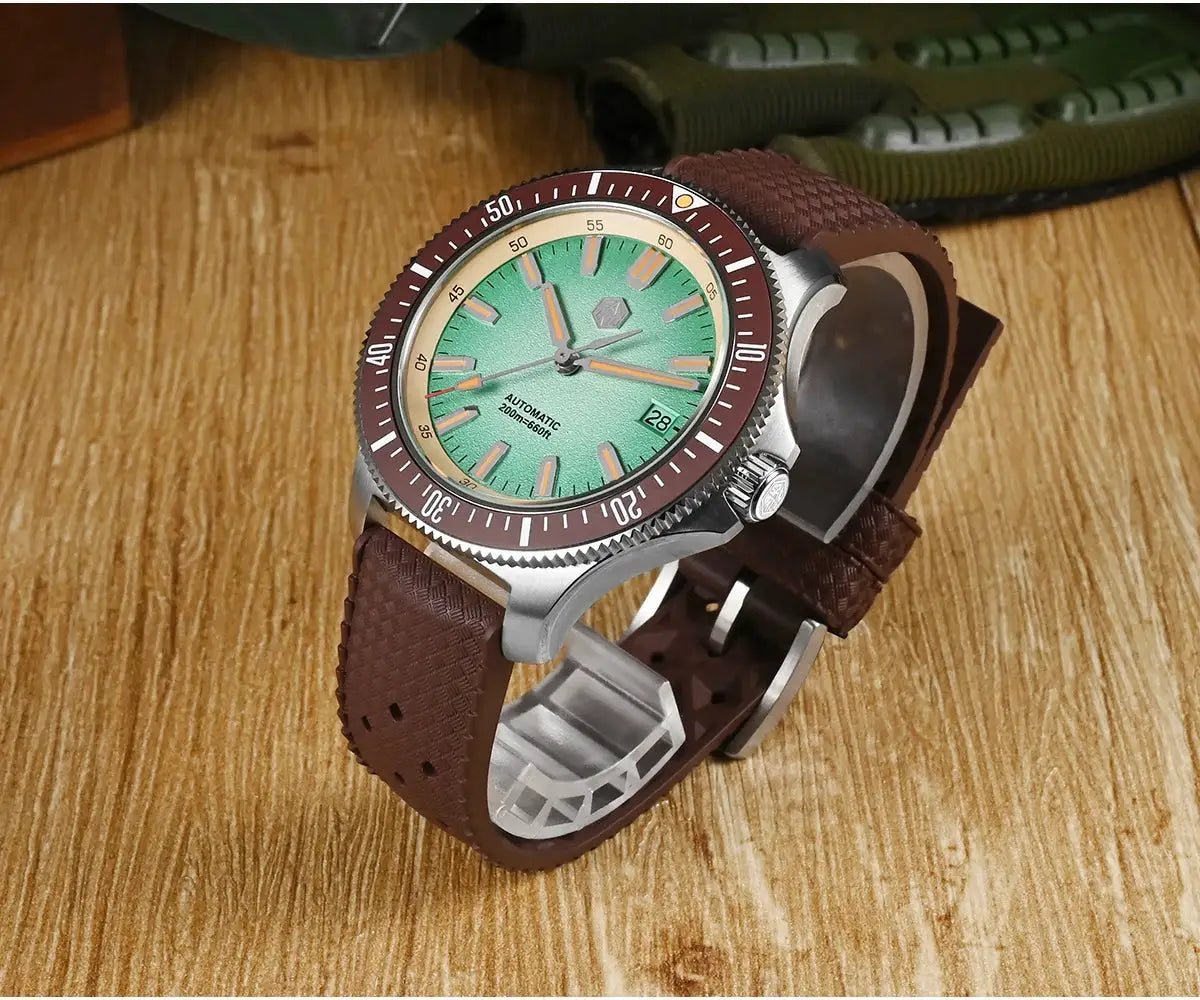 San Martin dive watch with green dial, brown bezel and brown strap, 200m water resistant.