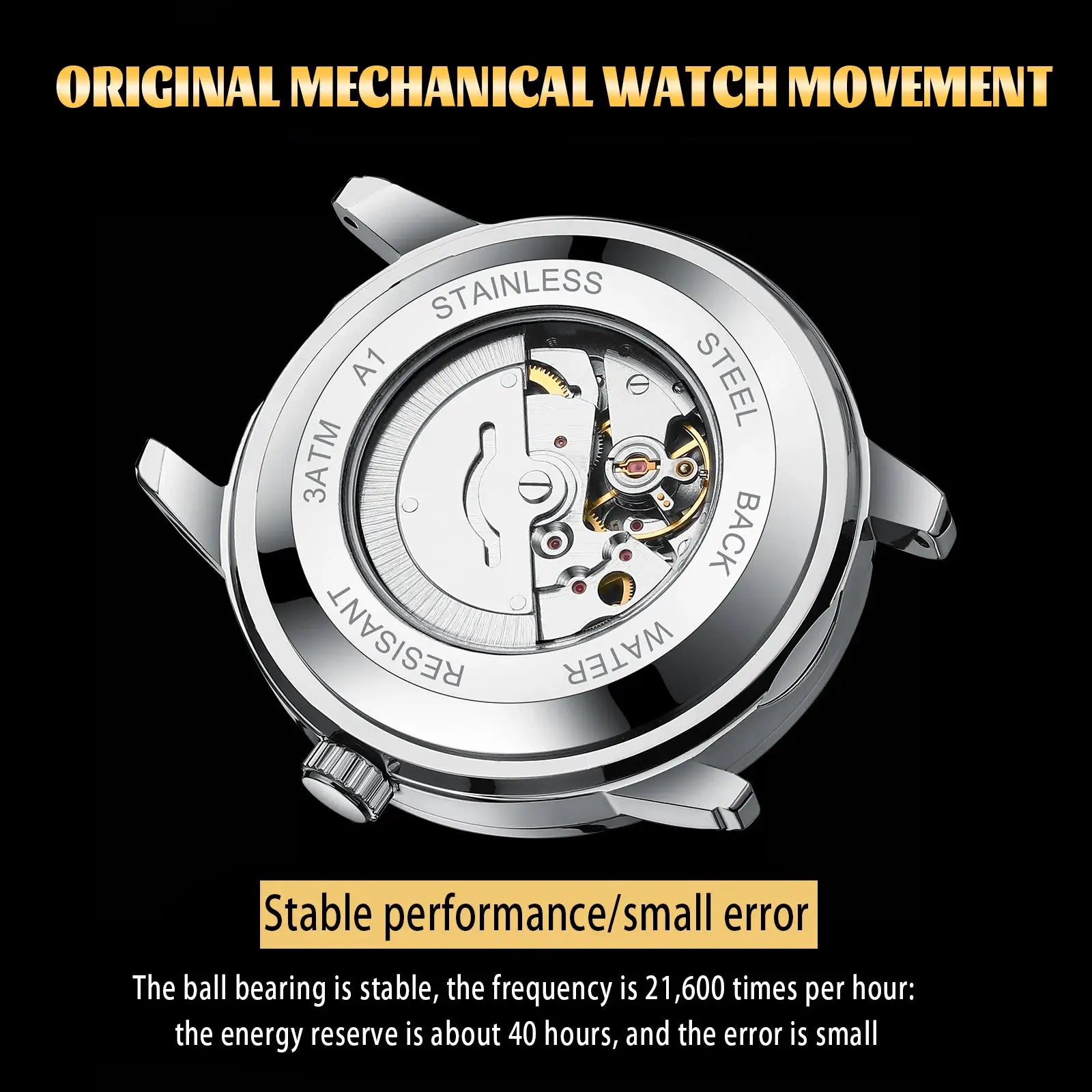 Dianpai men's stainless steel automatic mechanical watch with transparent caseback showing inner movement