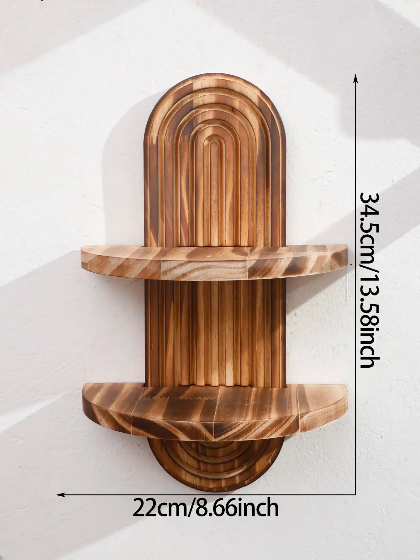 1pc Boho style wooden wall shelf with natural finish and geometric arch design for plant display