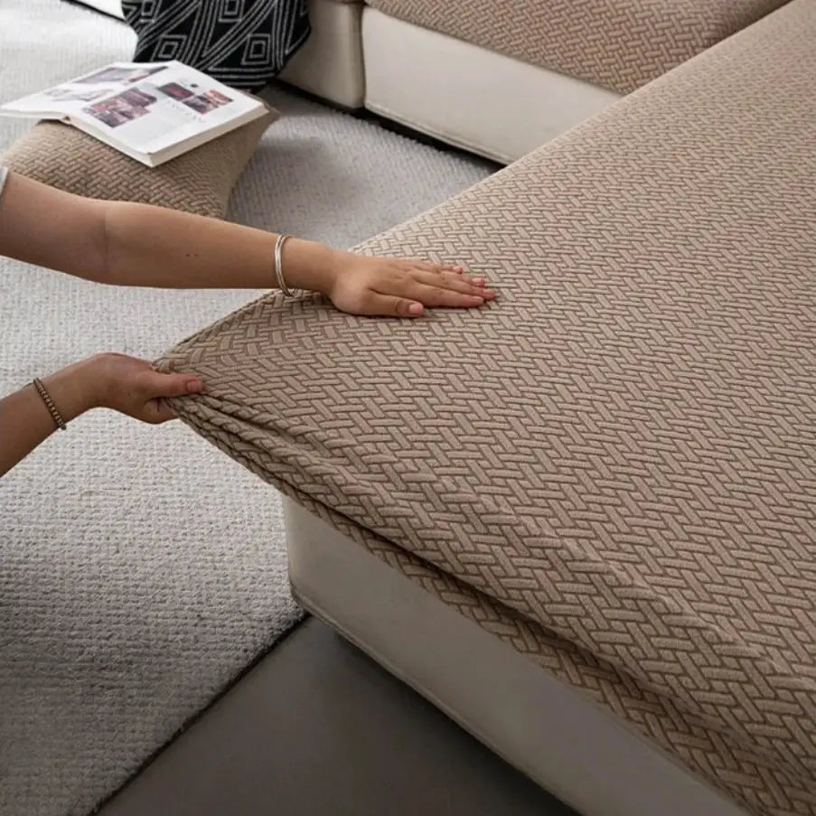 Simples Market stretchy polar fleece sofa cover in beige geometric pattern for 1-4 seat sofas