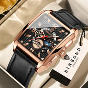 BINBOND Auto Date Precise Men's Watch in rose gold with black leather strap
