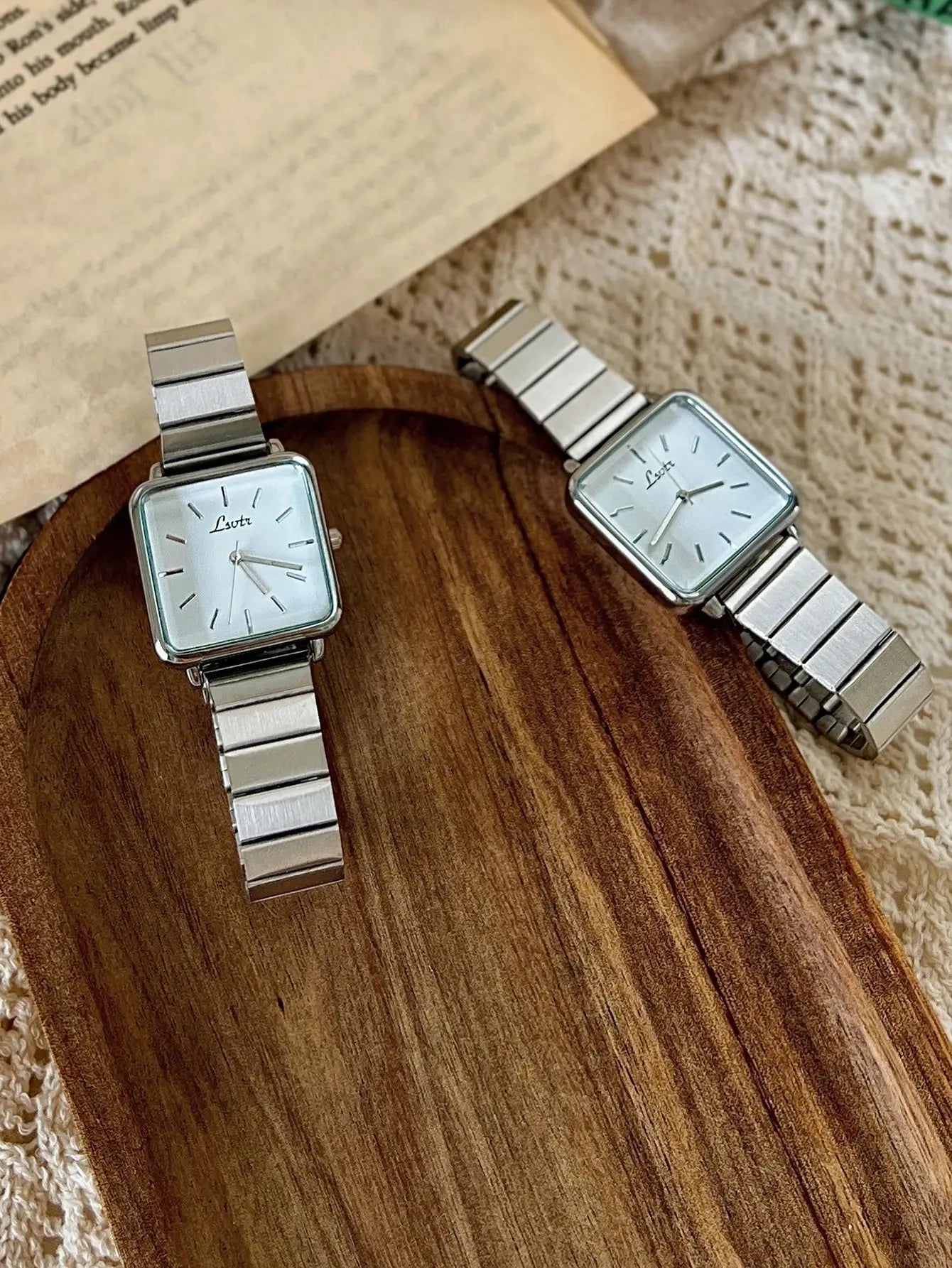 Simples Market two silver-tone stainless steel square-dial women's watches with bracelet bands, quartz, casual fashion.