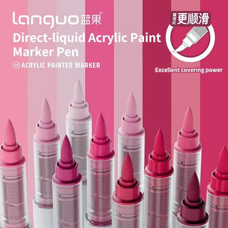Langyo 9-color direct-liquid acrylic paint marker set with soft brush tips for notebooks and art.